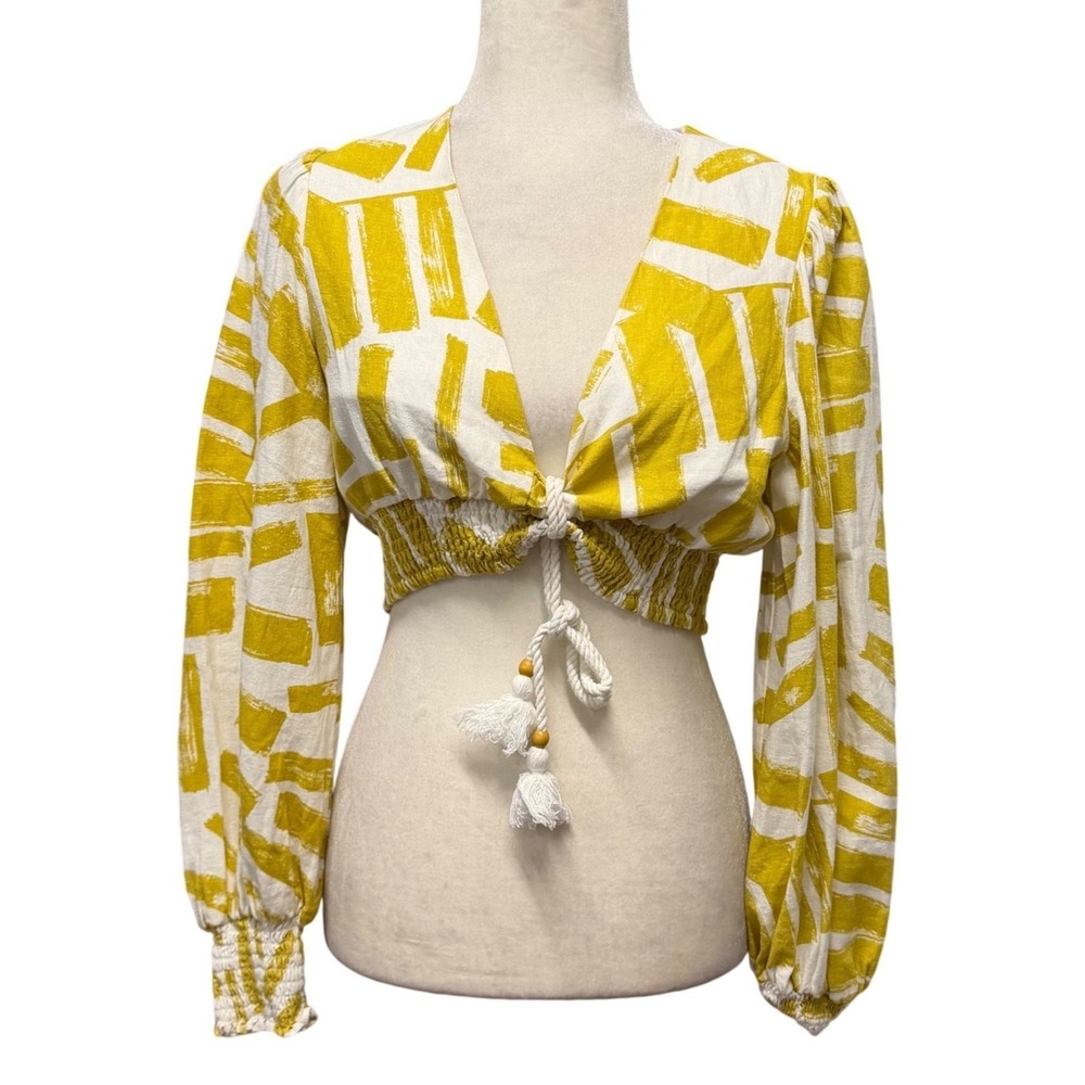 House of Harlow 1960 Crop Top Women S Yellow Abstract Linen Blend Tie Front Boho